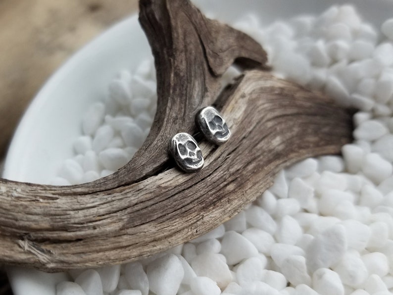 Dainty Skull Stud Earrings. Argentium Sterling Silver Skulls. Recycled Silver Stud Earrings. Halloween Earrings. Spooky Jewelry. Hand forged image 3