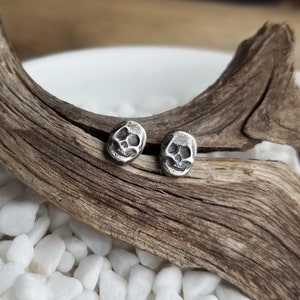 Dainty Skull Stud Earrings. Argentium Sterling Silver Skulls. Recycled Silver Stud Earrings. Halloween Earrings. Spooky Jewelry. Hand forged image 2