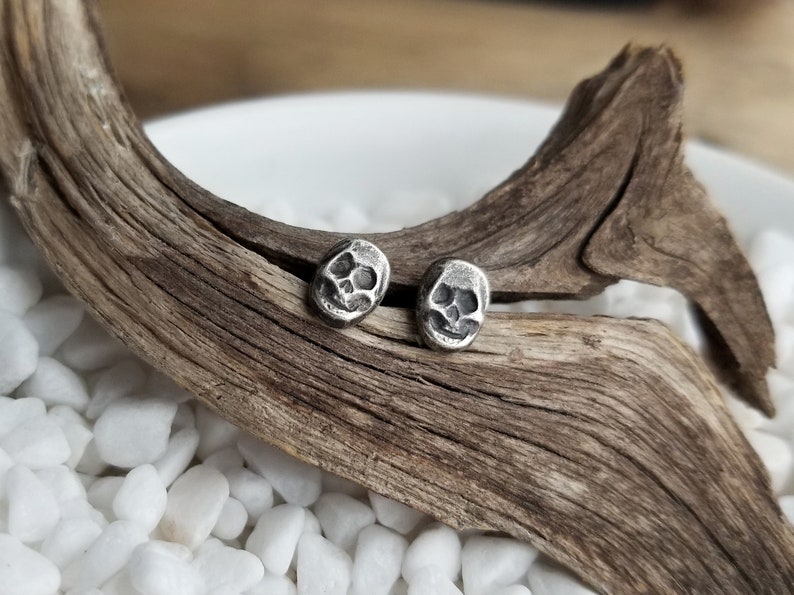Dainty Skull Stud Earrings. Argentium Sterling Silver Skulls. Recycled Silver Stud Earrings. Halloween Earrings. Spooky Jewelry. Hand forged image 2