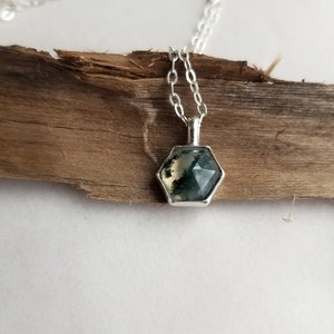 Moss Agate Necklace. Gemstone Drop Necklace. Moss Agate Hexagon. Layering Necklace. Green Gemstone Necklace. Simple Geometric Jewelry image 3