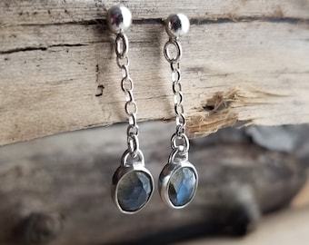 Labradorite Drop Stud Earrings. Argentium Silver Earrings. Grey Blue Gemstone Earrings. Dangle Stud Earrings. Dainty Everyday Earrings.