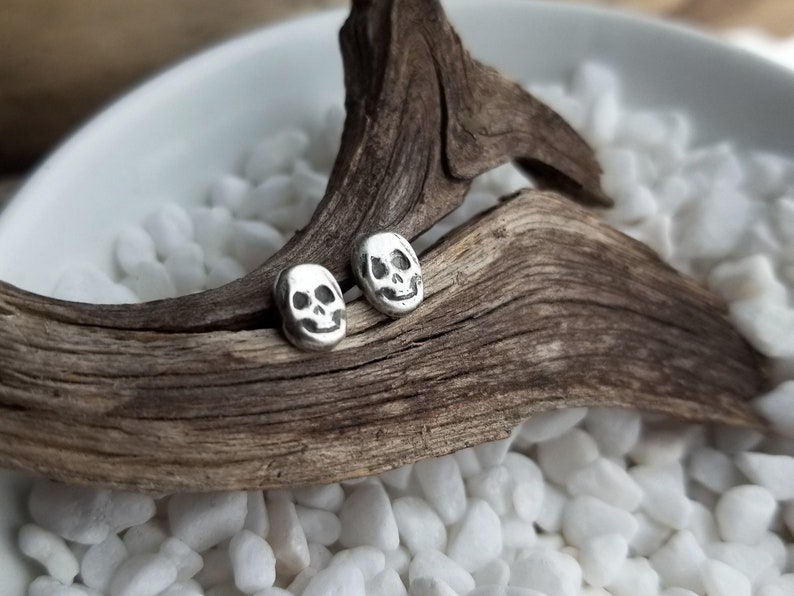 Dainty Skull Stud Earrings. Argentium Sterling Silver Skulls. Recycled Silver Stud Earrings. Halloween Earrings. Spooky Jewelry. Hand forged image 8