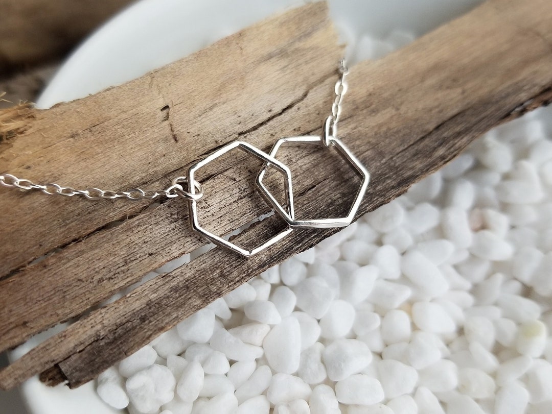 Interlocking Hexagon Necklace. Silver Hexagon Pendant. Geometric
