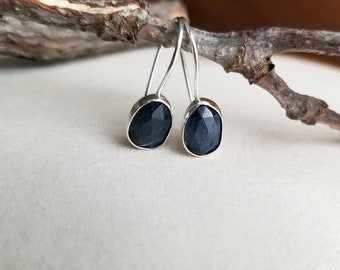 Pietersite Earrings. Silver Threader Earrings. Dark Blue Gemstone Earrings. Blue Pietersite Drop Earrings. Navy Blue Everyday Earrings