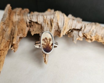 Size 7 Dendritic Agate Ring. Double Band Ring. Sterling  Silver. Argentium Silver. Floral Ring. Statement Ring.