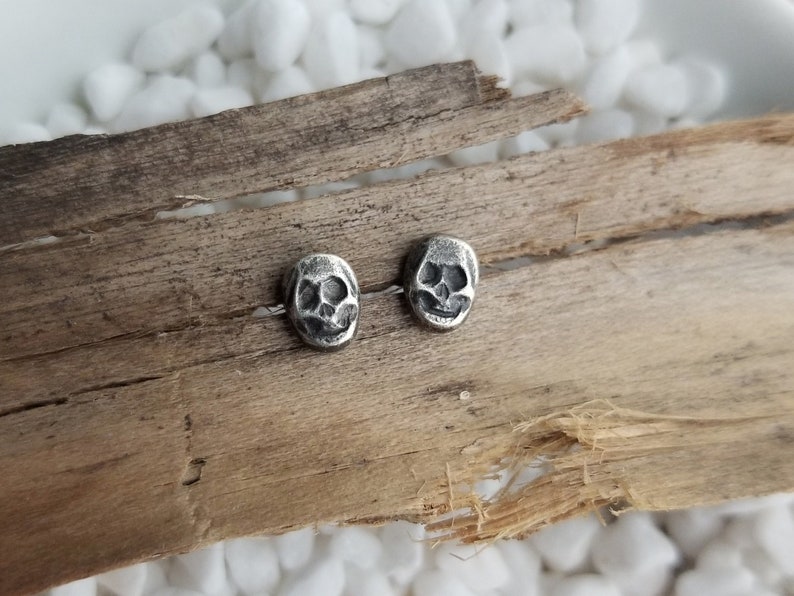 Dainty Skull Stud Earrings. Argentium Sterling Silver Skulls. Recycled Silver Stud Earrings. Halloween Earrings. Spooky Jewelry. Hand forged image 1