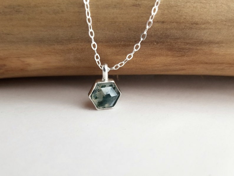 Moss Agate Necklace. Gemstone Drop Necklace. Moss Agate Hexagon. Layering Necklace. Green Gemstone Necklace. Simple Geometric Jewelry image 4