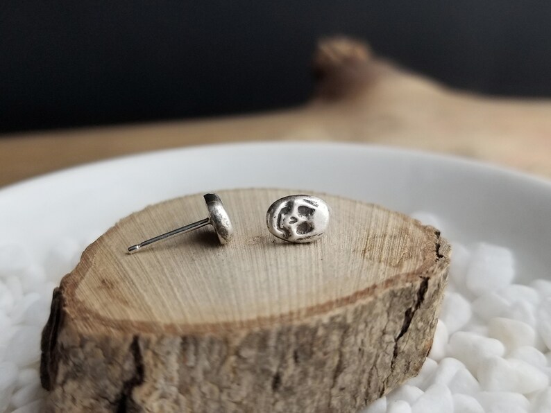 Dainty Skull Stud Earrings. Argentium Sterling Silver Skulls. Recycled Silver Stud Earrings. Halloween Earrings. Spooky Jewelry. Hand forged image 6