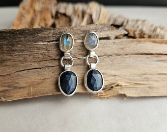 Labradorite and Pietersite Earrings. Dangle Stud Earrings. Gemstone Stud Earrings. Argentium Silver Earrings. Blue and Grey Gemstone Studs.