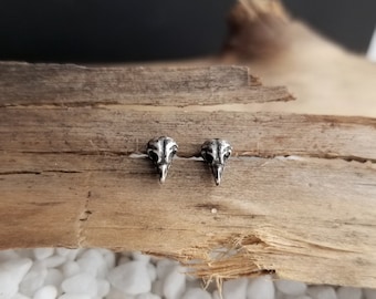 Tiny Owl Skull Stud Earrings. Dainty Bird Skull Earrings. Everyday Jewelry. Sterling Silver Studs. Silver Skull Studs. Lightweight Studs