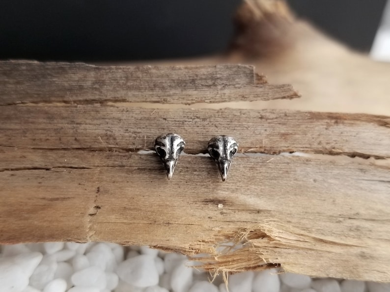 Tiny Owl Skull Stud Earrings. Dainty Bird Skull Earrings. Everyday Jewelry. Sterling Silver Studs. Silver Skull Studs. Lightweight Studs image 1