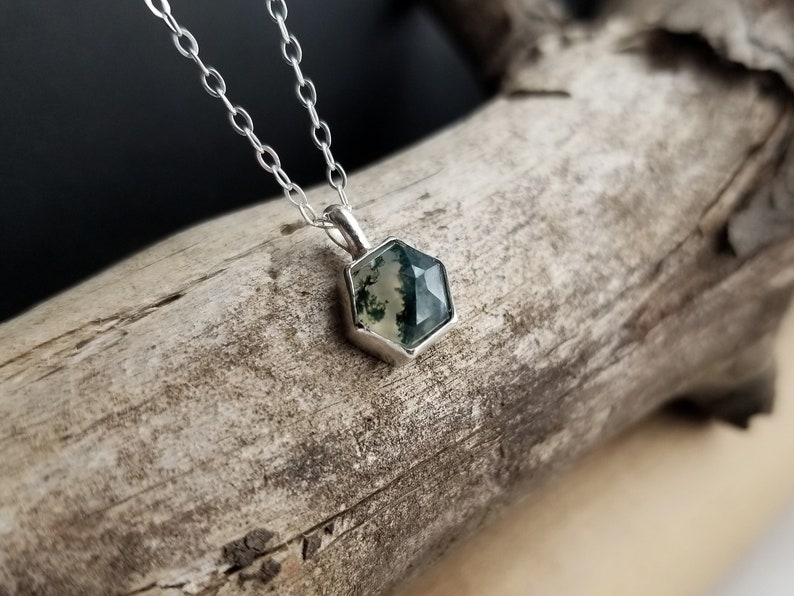 Moss Agate Necklace. Gemstone Drop Necklace. Moss Agate Hexagon. Layering Necklace. Green Gemstone Necklace. Simple Geometric Jewelry image 5