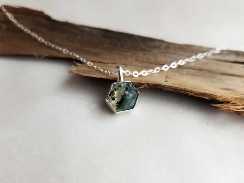 Moss Agate Necklace. Gemstone Drop Necklace. Moss Agate Hexagon. Layering Necklace. Green Gemstone Necklace. Simple Geometric Jewelry image 1