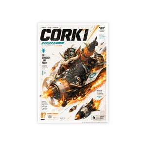 May include: Poster featuring a character named Corki from League of Legends, riding a propeller-powered vehicle. The poster has a comic book style with text that reads "For Democracy! And Profit!" and "Corki The Daring Bombardier". The color palette includes orange, black, and white.
