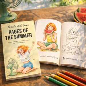 以下が含まれることがあります： 「PAGES OF THE SUMMER」というタイトルの開いた本。スイカを食べる人のイラストが描かれています。本は色鉛筆と緑色の扇風機の隣にあります。スイカのスライスが皿にあります。
