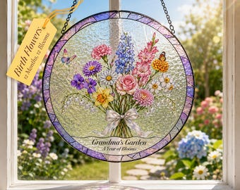 Personalized Birth Flower Stained Glass Suncatcher，Custom Window Hanging，Family Bouquet Decor，Gift for Mom or Grandma，Family Memory Art