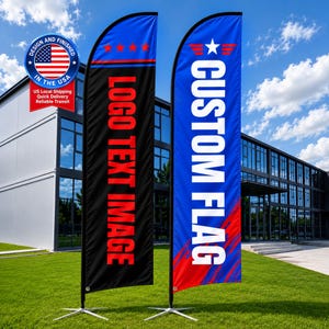 May include: Two tall feather flags standing on metal cross bases. The left flag is black with red text reading LOGO TEXT IMAGE and four red stars. The right flag is blue with white text reading CUSTOM FLAG and a white star graphic.