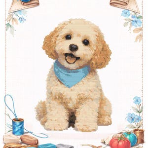 May include: A cross-stitch pattern featuring a smiling Cockapoo dog wearing a blue bandana. The design includes the word "Cockapoo" in brown script and the words "Cross Stitch Pattern" on a banner. Floral and sewing-themed elements surround the dog.