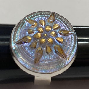 Czech Art Deco Ring Glass Adjustable Silver Toned Beautiful Jewelry Vintage Handmade Ice Blue Gold Bead Victorian Classy Gothic BOHO-Star