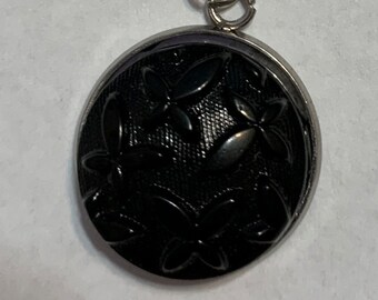 Czech Art Deco Keychain Black Glass Mourning Charm 18mm Silver Toned Button Beautiful Jewelry Antique Handmade Butterfly Bead Victorian Goth