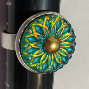Czech Art Deco Ring Glass Adjustable Silver Toned Beautiful Jewelry Vintage Handmade Flower Bead Victorian Statement Classy Gold Blue-BOHO