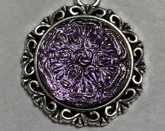 Czech Art Deco Glass Pendant Silver Toned Beautiful Jewelry Vintage Handmade Purple Haze Shimmer Bead Victorian Statement Classy BOHO Gothic