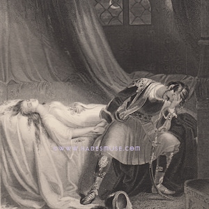 1800's Maiden Lays On Funeral Bier-Death-Solemn Purity-Lover-Mourning-Anguish-Despair-Remorse-Living Hell-Antique Art Print-Gothic-Full Moon