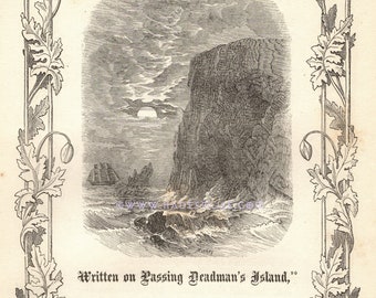 Deadman's Island-Haunted Ship Sailing-1872 Antique Vintage Art PRINT-Poem-Victorian Poetry-Engraving-Wind Is Still-Gloomy Gulf