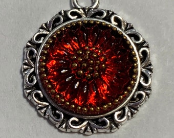 Czech Art Deco Glass Pendant Silver Toned Beautiful Jewelry Vintage Handmade Fire Red Bead-Button Victorian Classy BOHO Gothic-Gold-Daisy