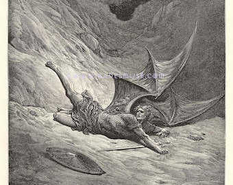 Satan Feels Pain For First Time-Wounded-Thrown Out Of Heaven-1891 Old Antique Vintage Art Print-Gothic Picture-The Devil-Winged Lucifer-Hell