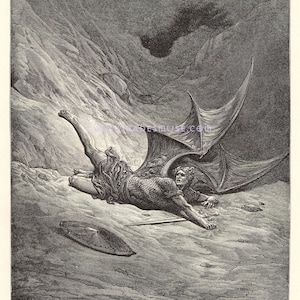 Satan Feels Pain For First Time-Wounded-Thrown Out Of Heaven-1891 Old Antique Vintage Art Print-Gothic Picture-The Devil-Winged Lucifer-Hell
