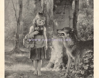 Big Bad Wolf -Here Comes Little Red Riding Hood-Woods-Forest-Grandmother's House-1894 Antique Vintage Art Print-Gothic Fairy Tale Picture