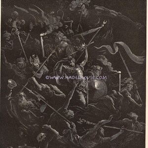 May include: A black and white illustration depicting a chaotic scene of figures in a battle or struggle. The image features multiple figures with weapons, shields, and banners. Text at the bottom reads "And many more too long, Embryos, and idiots, eremites, and friars."