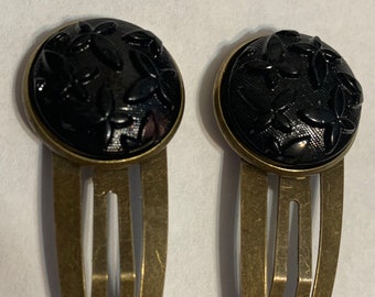 Czech Art Deco Black Glass Mourning Barrette Hair Clips Brass Beautiful Jewelry Vintage Handmade Butterfly Antique Bead Victorian Gothic