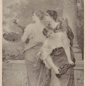 Entranced By Music-The Sister Arts-Music-1902 Old Antique Vintage Art Print-Violin-Instrument-Victorian Ladies-Poetry-Painting-Sculpture
