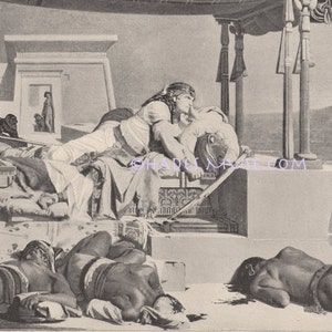 1891 Evil Tidings-Egyptian Pharaoh-Ramses-Egypt-Old Antique Print-Ancient Art-Dead Bodies-Death-Slaves-Temple-Executed-Mummy-Slain-Messenger