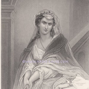 May include: A black and white engraving of a woman in a long gown and veil, sitting on a staircase. She is holding a small cup in her hand. The engraving is titled "Passion" and includes the text "Quand la passion a fait prendre une revolution a une femme, l'emmotion suit de pres son projet... (P. 227)"
