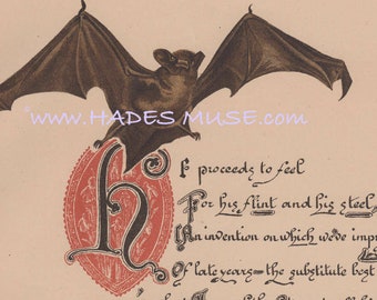 Vampire Bat-Pyromania-Candle-Light-Church-Matches-Medieval-Catholic-Poem-Poetry-1880 Old Antique Vintage Art Print-Gothic Picture-Book Plate