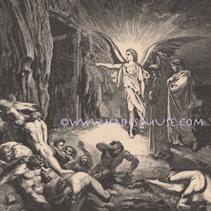 Angel Opens Gates Of Hell-1890 Antique Vintage Art PRINT-Winged Demons-Devil-Lucifer-Punishment-Torture-Lost Souls-Naked Women & Men-Gothic