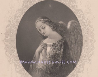 Gates Of Paradise-Eden-Sympathy-The Peri-Sad Spirit-Guardian Angel-Poem-1846 Old Antique Vintage Print-Gothic Picture-Engraving-Victorian