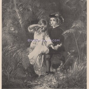 Lost Children In Woods-Starve To Death-Innocence-1890 Antique Vintage Art PRINT-Fairy Tale-Brother & Sister-Siblings Die Together-Picture
