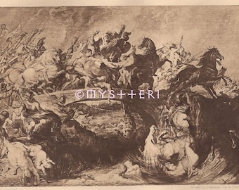 Fight Of Amazons-1889 Antique Vintage Art PRINT-Picture-Engraving-Gothic-Horses-Woman Warriors-Paul Rubens-Men Battle-War-Death-Old Ephemera