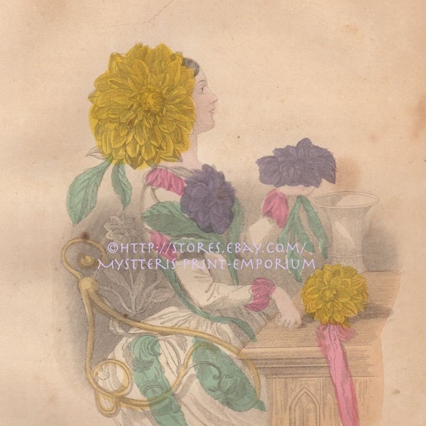 Woman Is Flower-1849 Antique Vintage Color Art PRINT-Picture-Beautiful Engraving-Gothic-Dahlia-Grandville-Garden-Rare Ephemera