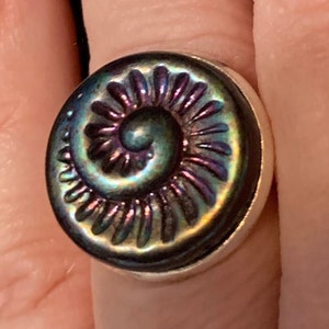 Czech Art Deco Fossil Ring Glass Adjustable Silver Toned Jewelry Vintage Handmade Purple Blue Bead Victorian Statement Classy BOHO Gothic