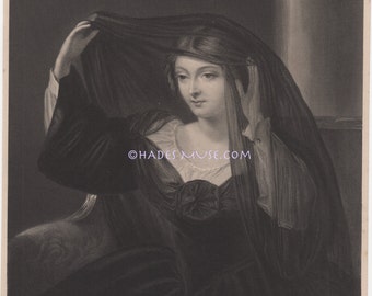 Lady In Black-Olivia In Mourning-Death-Grief-1850 Antique Vintage Art Print-Gothic Picture-Shakespeare-Lovely Lady-Veil-Dress-Twelfth Night