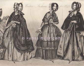 Black & White Gothic Ladies Victorian Dresses-Corset-1842-Winter Fashions-Paris-French-Cape-Cloak-Hats-Antique Vintage Art PRINT-Engraving