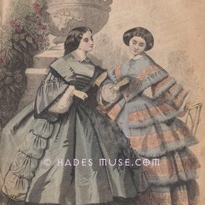 Paris Ladies Dresses-Victorian Hoop Skirts-Bodice-Fashion-Style-Les Modes Parisiennes-Urn-1858 Antique Vintage Art Print-Gothic Picture