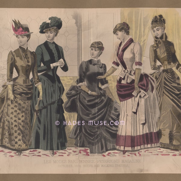 Gothic October Fashion-Victorian Dresses-Ladies Clothing Style-Paris-Hat-Les Modes Parisiennes-1884 Antique Vintage Art Print-Picture