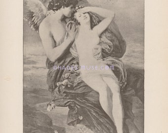 Zephyr Holds Psyche-1902 Antique Vintage Art Print-Greek Mythology-Rapture-God Of The Wind-Goddess-Pleasure-LOVE-Cupid-Passion-Picture-Angel