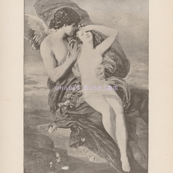 Zephyr Holds Psyche-1902 Antique Vintage Art Print-Greek Mythology-Rapture-God Of The Wind-Goddess-Pleasure-LOVE-Cupid-Passion-Picture-Angel